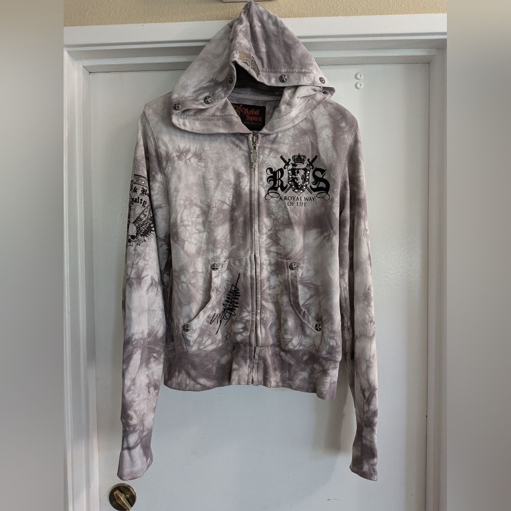 Rebel Spirit Y2K  Gray Tie Dye Rock & Roll Royalty XL Unisex Rhinestone Skull